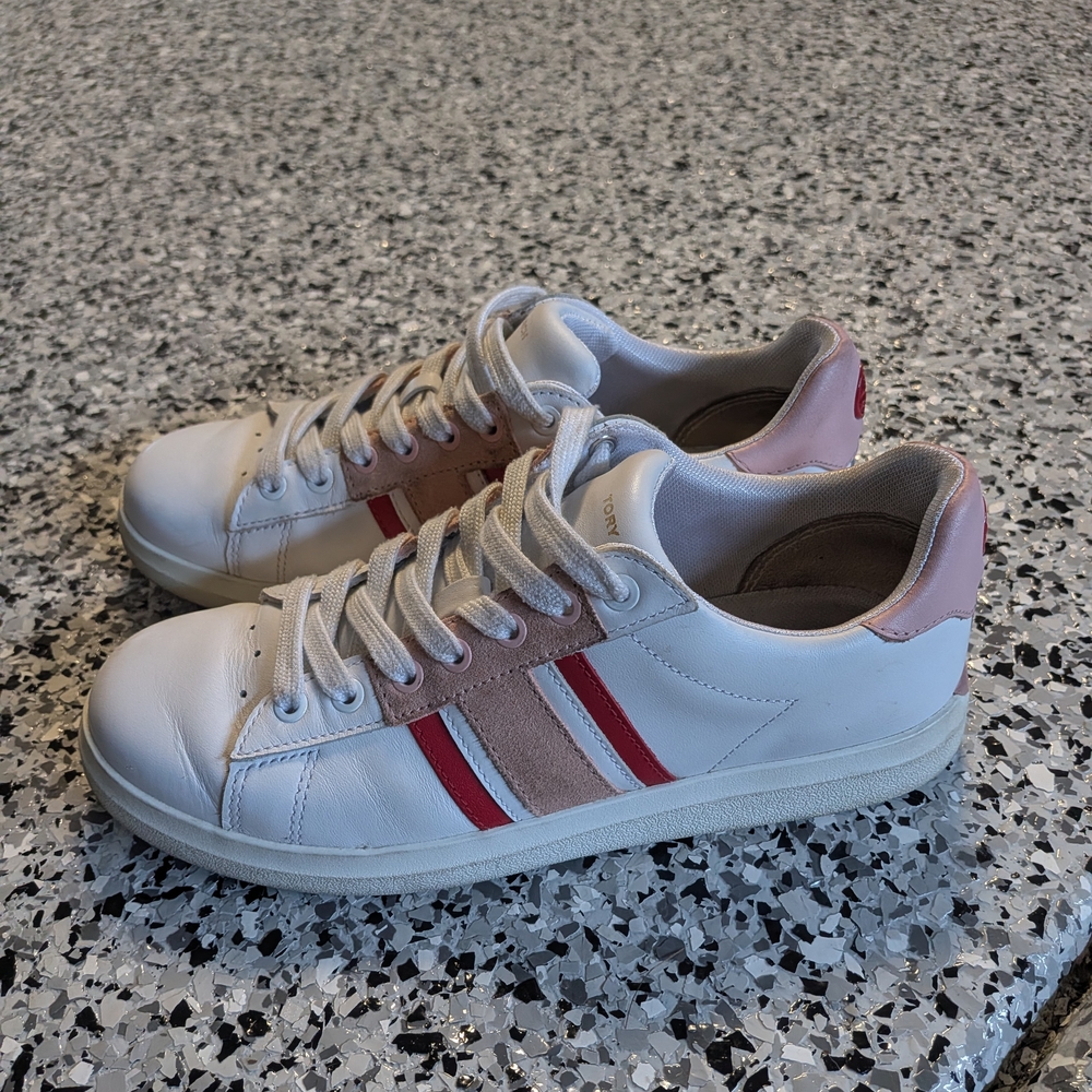 Tory Burch Howell Court Sneakers White Pink Red Stripes Size 6.5 Womens